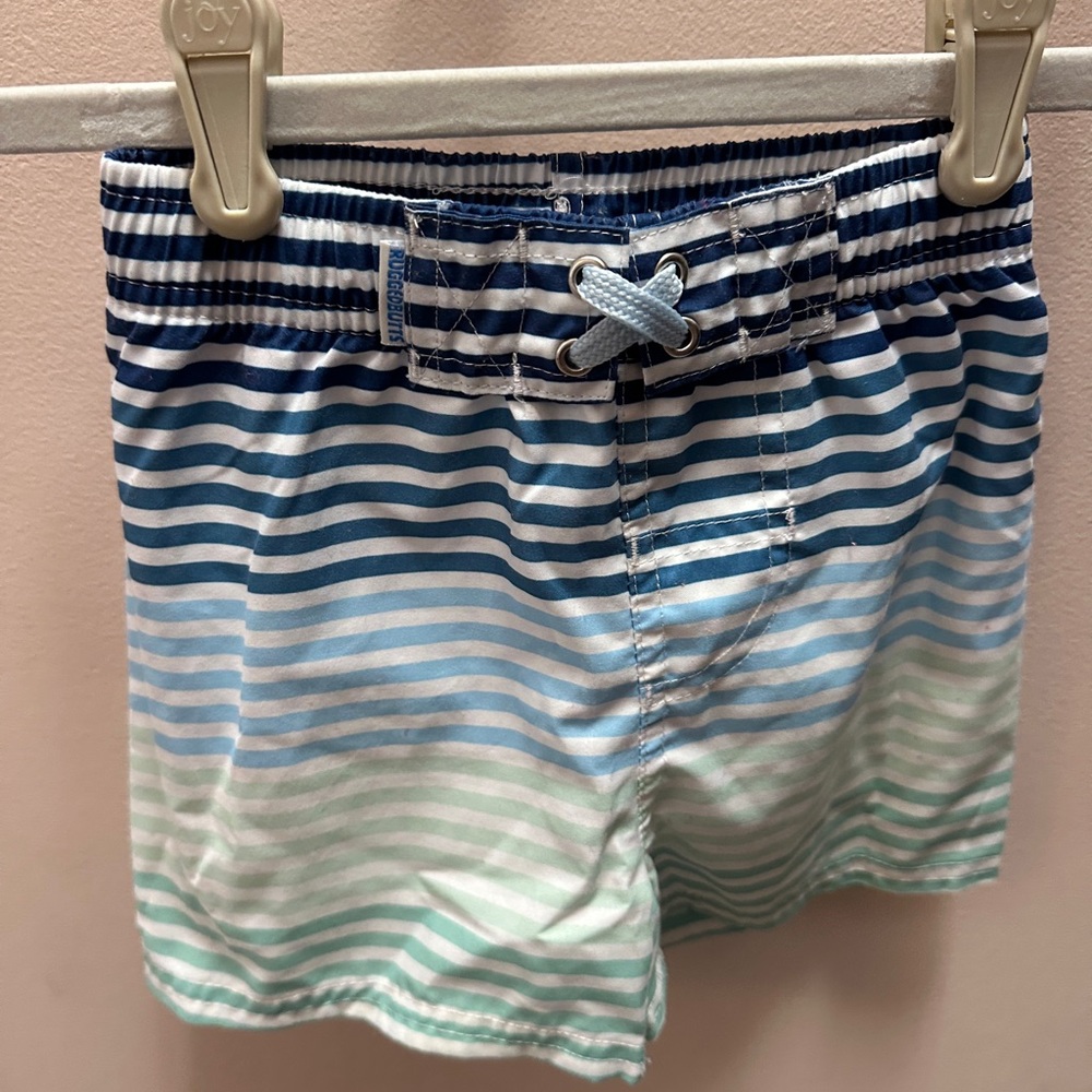 Striped Blue and Green Kids Swim Trunks